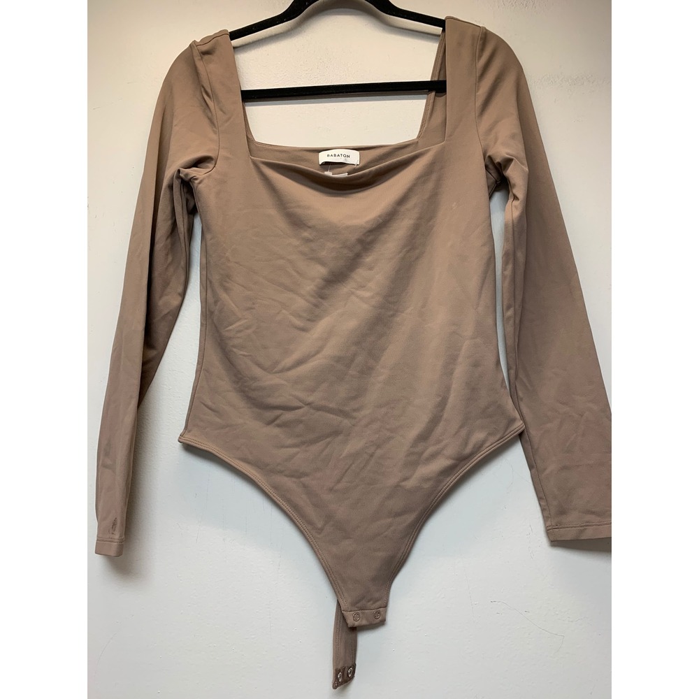 Babaton Contour Squareneck Bodysuit Womens Large Tan Excellent Long Sleeve 12354